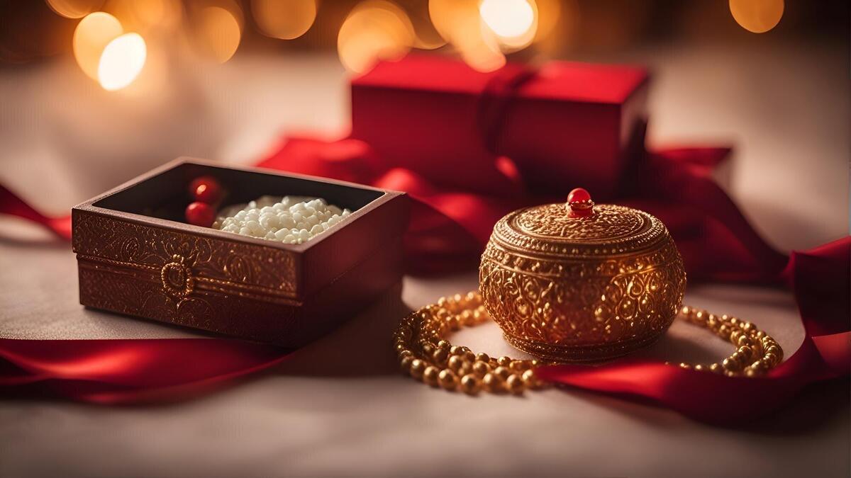 Christmas still life with golden jewelry box and red ribbon on a bokeh background