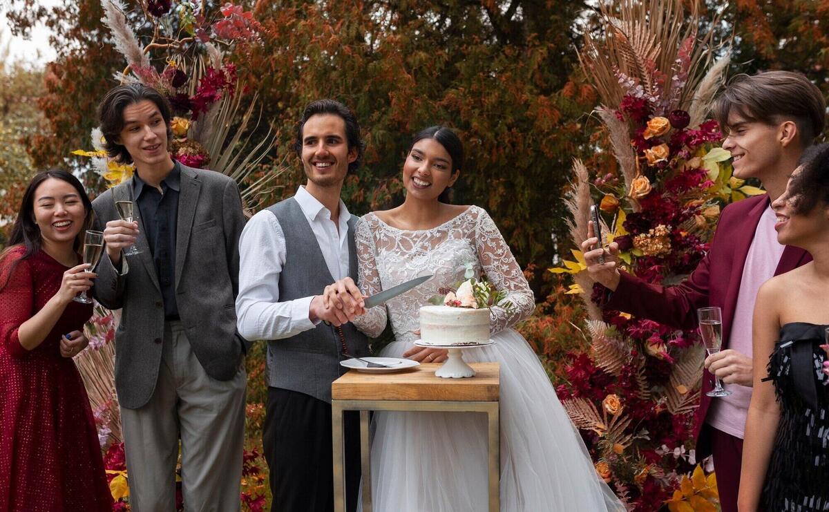 Front view smiley groom and bride