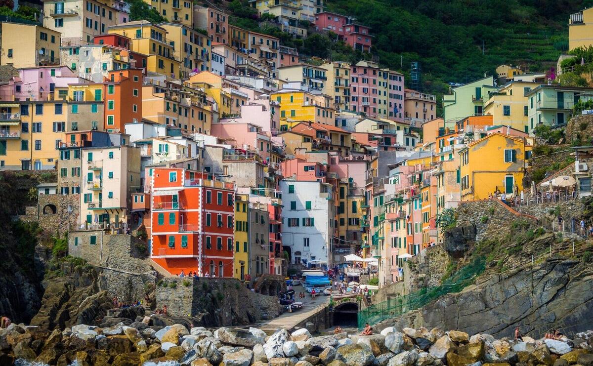 Closeup of colorful houses on the coastal village of  Riomaggiore, Italy